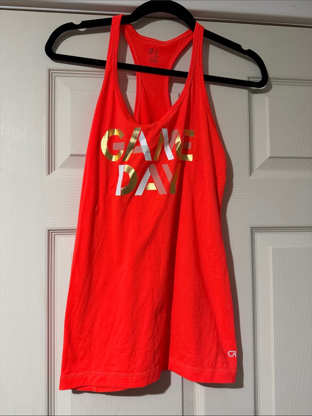 GAP Neon Coral Racerback Tank with Gold GAME DAY Print